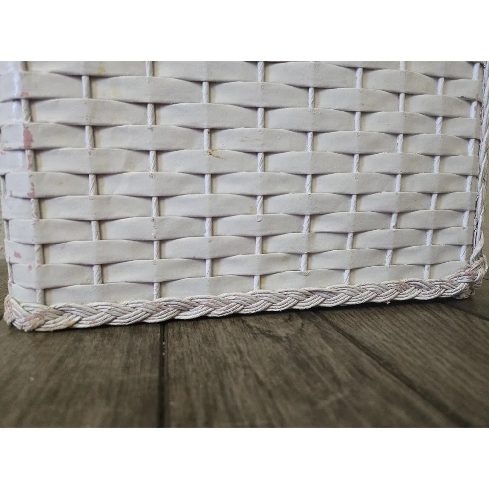 Vintage White Woven Wicker Trash Can Wastebasket Rectangle Shabby Chic MCM READ
